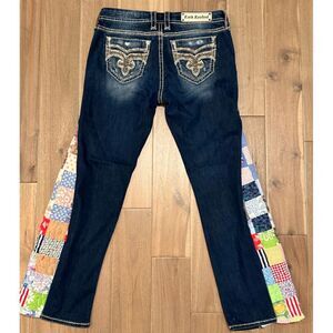 Rock Revival Antique Quilt Patchwork Panel Custom Easy Skinny Jeans 30 Sapphire